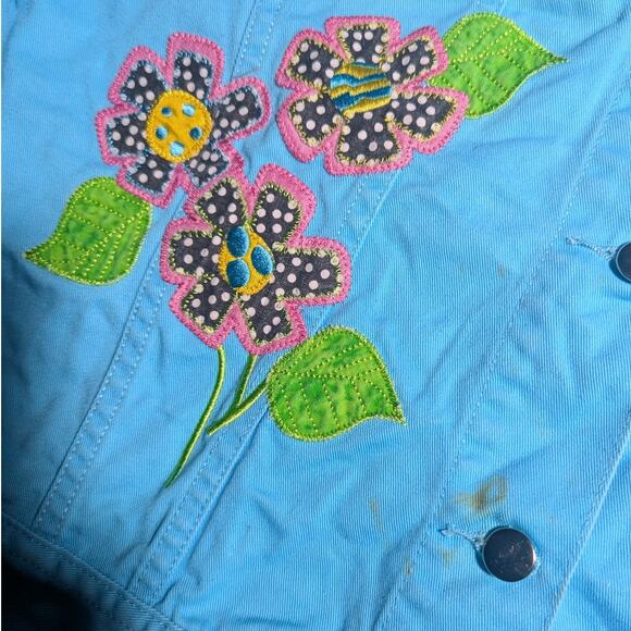 Vtg Y2K Lighthouse Sky Blue Floral Embroidered Applique Trucker Jacket Sz L - Picture 4 of 6